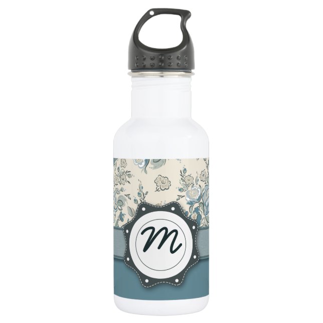 Blue and Cream Roses with Monogram Water Bottle (Front)