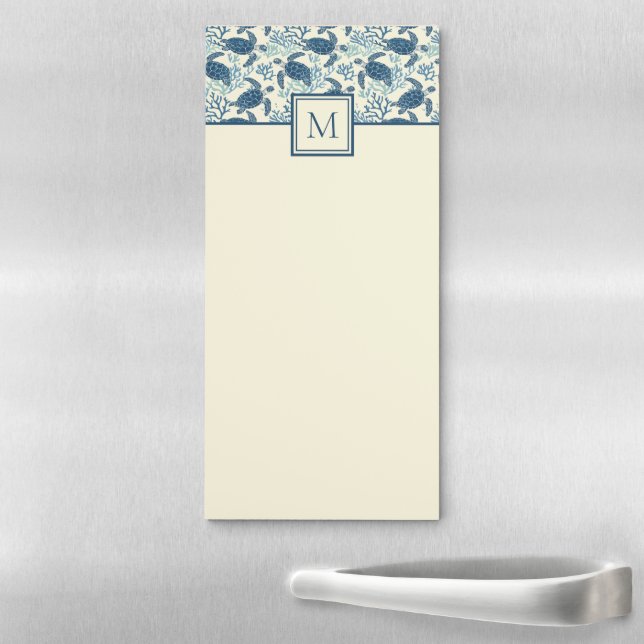 Blue and Cream Sea Turtle Monogram Magnetic Notepad (In Situ)