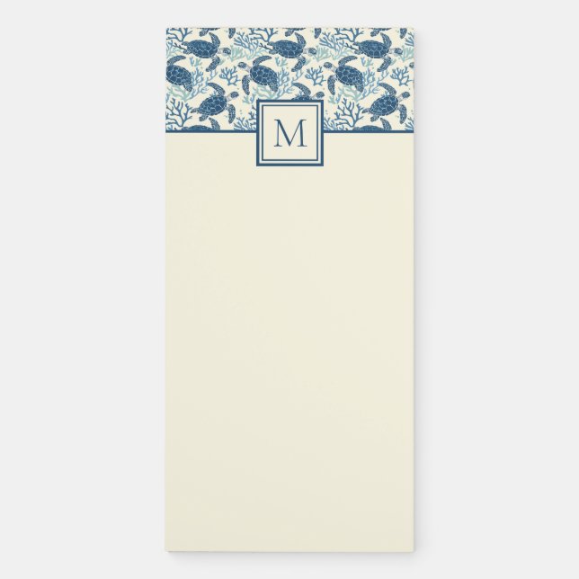 Blue and Cream Sea Turtle Monogram Magnetic Notepad (Front)