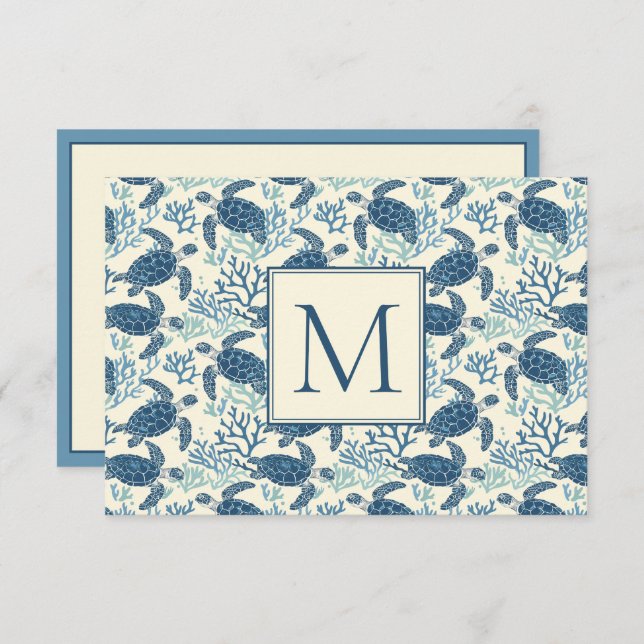 Blue and Cream Sea Turtle Monogram Note Card (Front/Back)