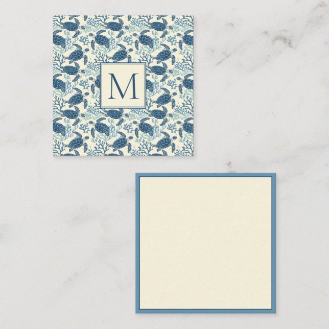 Blue and Cream Sea Turtle Monogram Note Card (Front/Back)
