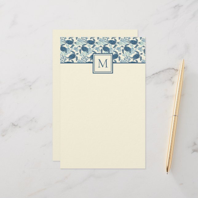 Blue and Cream Sea Turtle Monogram Stationery (Front/Back In Situ)