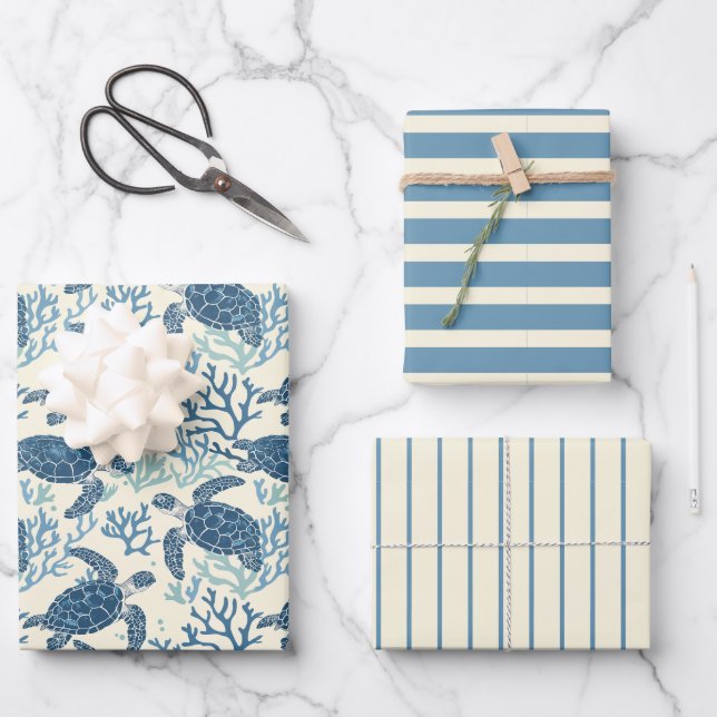Blue and Cream Sea Turtles and Stripes Wrapping Paper Sheets (Front)