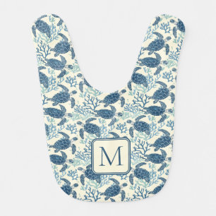 Blue and Cream Sea Turtles Monogram Baby Bib