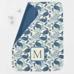 Blue and Cream Sea Turtles Monogram Baby Blanket