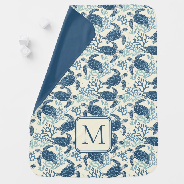 Blue and Cream Sea Turtles Monogram Baby Blanket (In Situ)