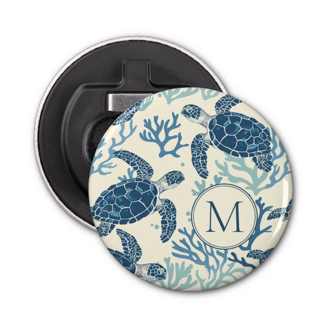 Blue and Cream Sea Turtles Monogram Bottle Opener (Front)
