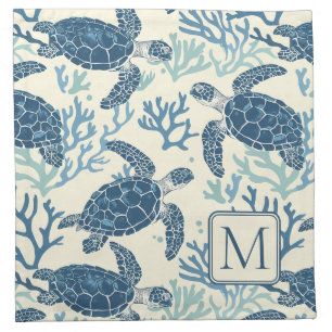 Blue and Cream Sea Turtles Monogram Cloth Napkin