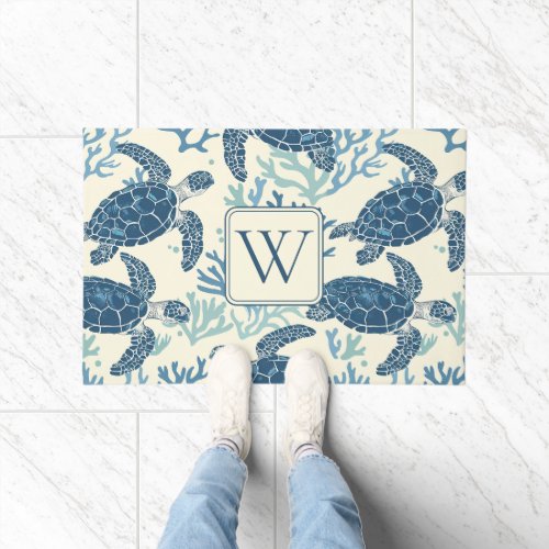 Blue and Cream Sea Turtles Monogram Doormat