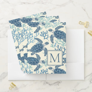 Blue and Cream Sea Turtles Monogram Pocket Folder