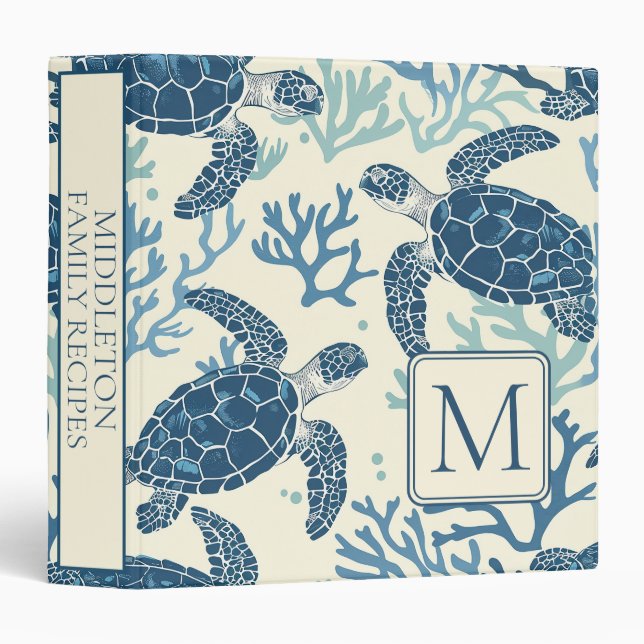 Blue and Cream Sea Turtles Monogram Recipe 3 Ring Binder (Front/Spine)