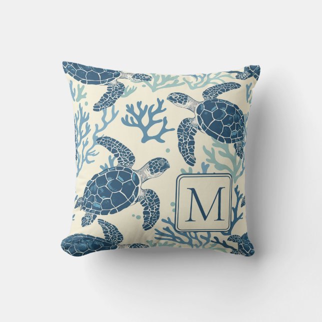 Blue and Cream Sea Turtles Monogram Throw Pillow (Front)