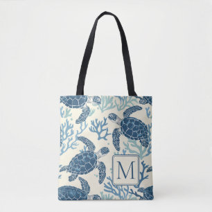 Blue and Cream Sea Turtles Monogram Tote Bag