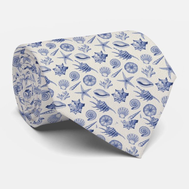 Blue and Cream Seamless Seashells Pattern Neck Tie (Rolled)