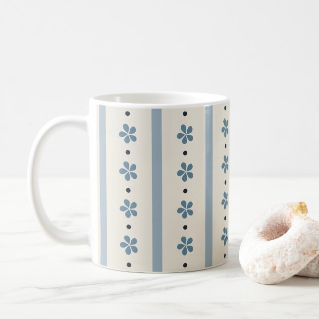 Blue And Cream Stripes And Flowers Coffee Mug (With Donut)