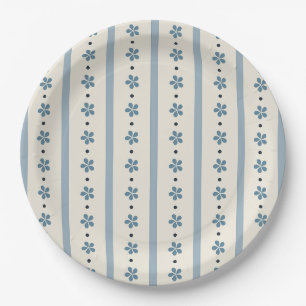 Blue And Cream Stripes And Flowers Paper Plates