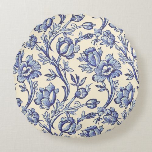 Blue and Cream Tulips French Country Decor Round Pillow