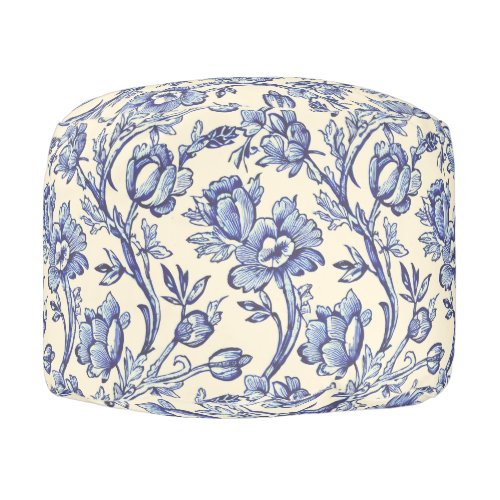 Blue and Cream Tulips Toile French Country Decor Pouf