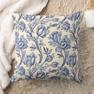 Blue and Cream Tulips Toile French Country Decor Throw Pillow