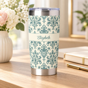 Blue and Cream Vintage Damask Custom Name Insulated Tumbler