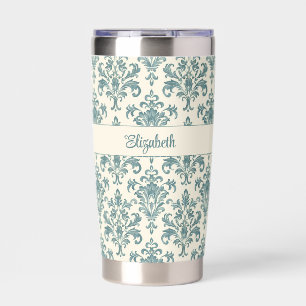 Blue and Cream Vintage Damask Custom Name Insulated Tumbler