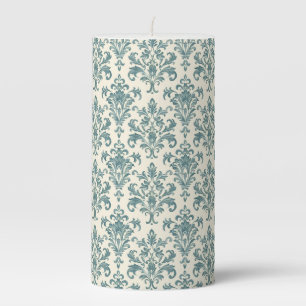 Blue and Cream Vintage Damask Pillar Candle