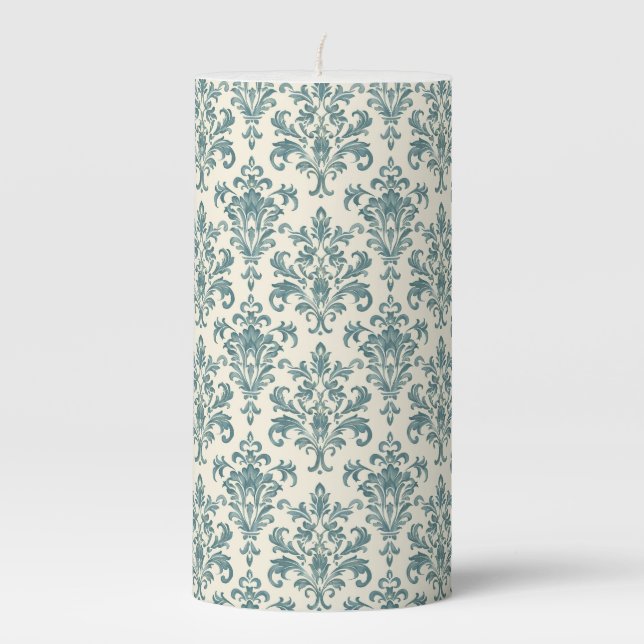 Blue and Cream Vintage Damask  Pillar Candle (Front)