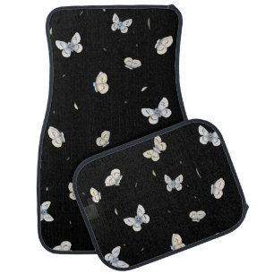 Blue and Crème Butterflies Pattern Elegant Black Car Floor Mat