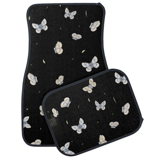 Blue and Crème Butterflies Pattern Elegant Black Car Floor Mat (Set)