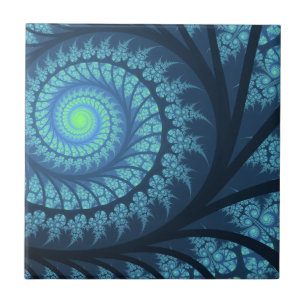 Blue and Cyan Classic Fractal Swirl Ceramic Tile
