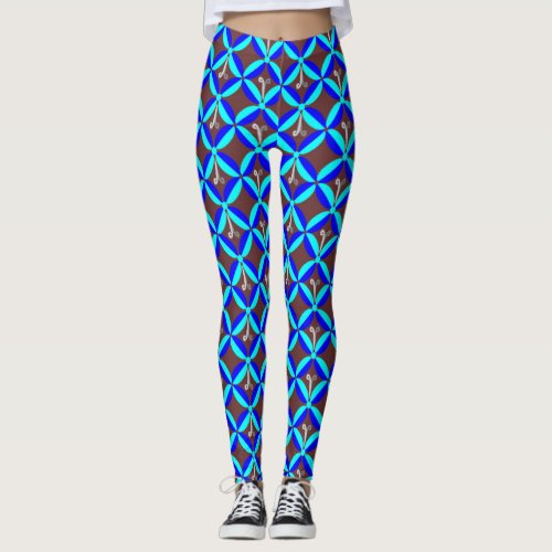 Blue and Cyan Ethnic Traditional Pattern on Brown  Leggings