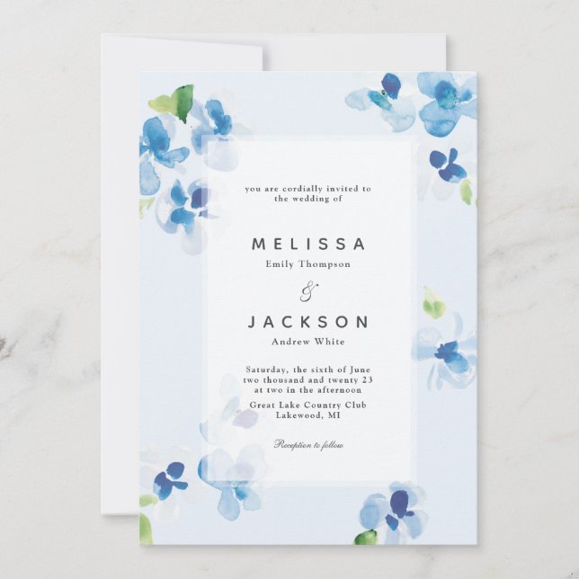 Blue and Delicate Blooms Wedding Invitation (Front)