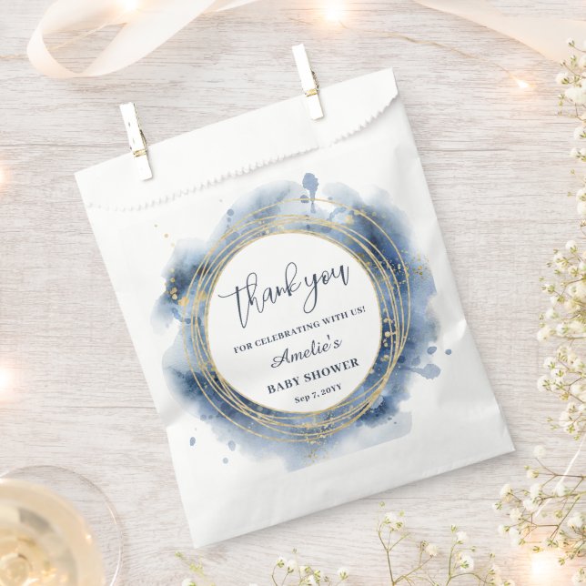 Blue and Faux Gold Circles Baby Shower Favor Bag (Clipped)