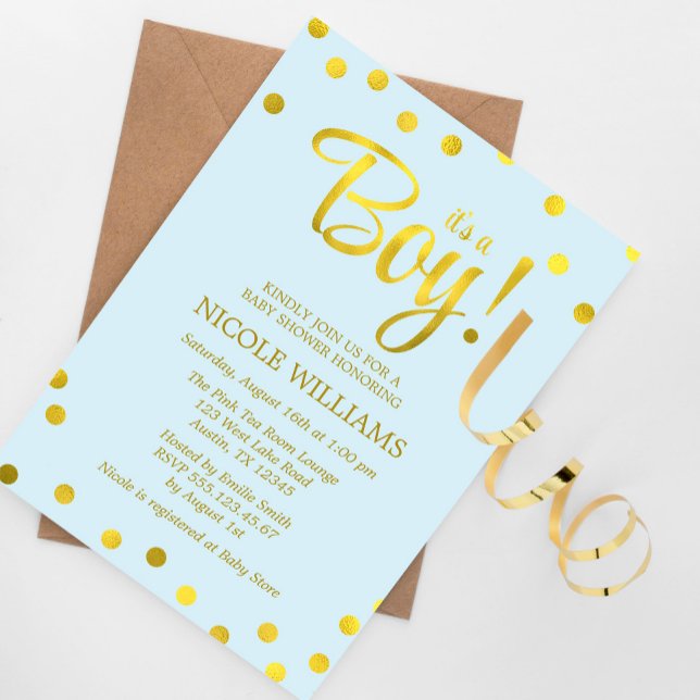 Blue and Faux Gold Confetti Boy Baby Shower Invitation (Creator Uploaded)