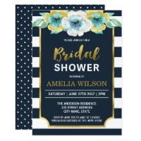 Blue and Faux Gold Floral Bridal Shower Invitation