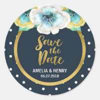 Blue and Faux Gold, Floral Save the Date Classic Round Sticker