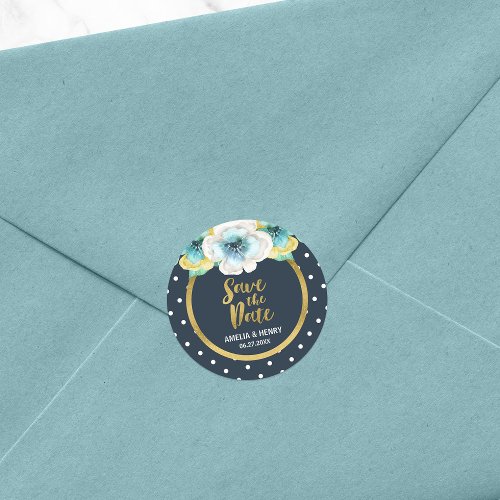 Blue and Faux Gold Floral Save the Date Classic Round Sticker