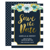 Blue and Faux Gold Floral Save the Date Invitation
