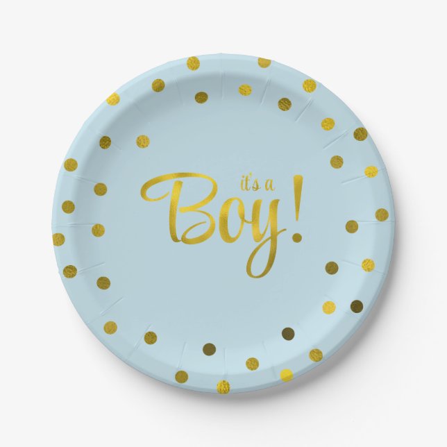 Blue and Faux Gold Foil Girl Baby Shower Paper Plates (Front)