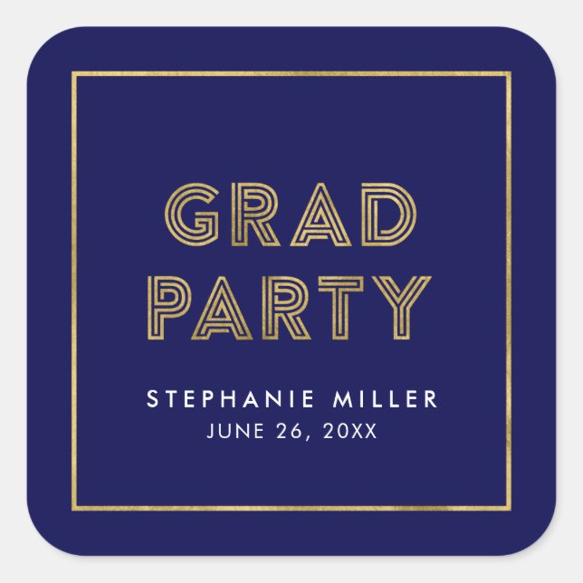 Blue and Faux Gold Geometric Grad Party Square Sticker (Front)