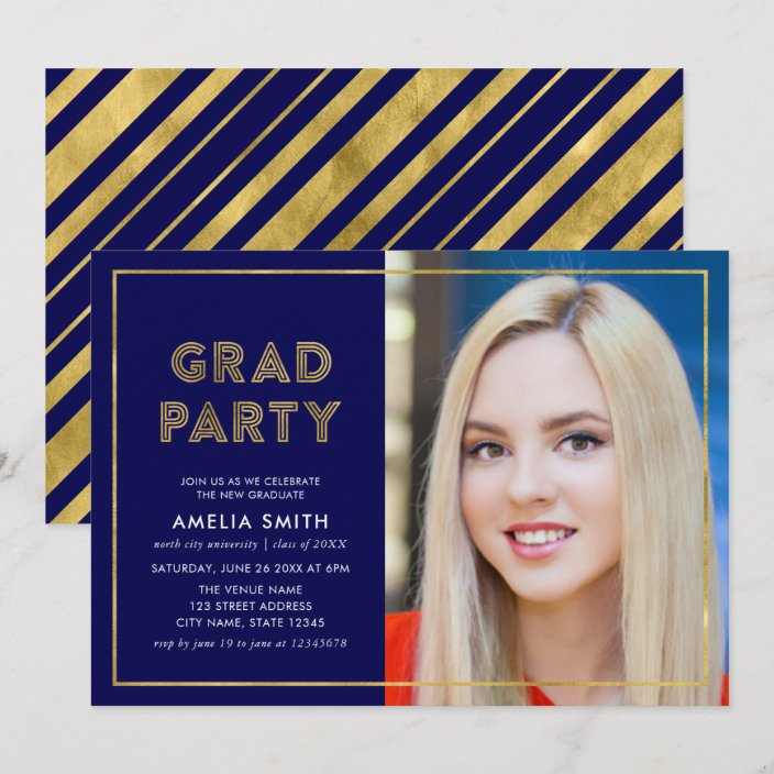 Blue and Faux Gold Geometric Photo Grad Party Invitation