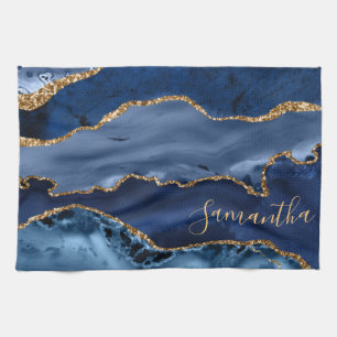 Blue and Faux Gold Glitter Marble Agate Kitchen Towel