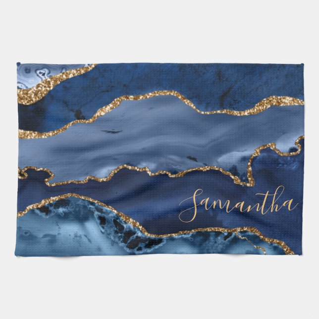 Blue and Faux Gold Glitter Marble Agate Kitchen Towel (Horizontal)