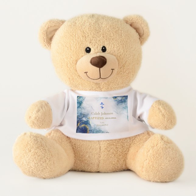 Blue and Faux Gold Glitter Marble Texture Baptism Teddy Bear (Front)