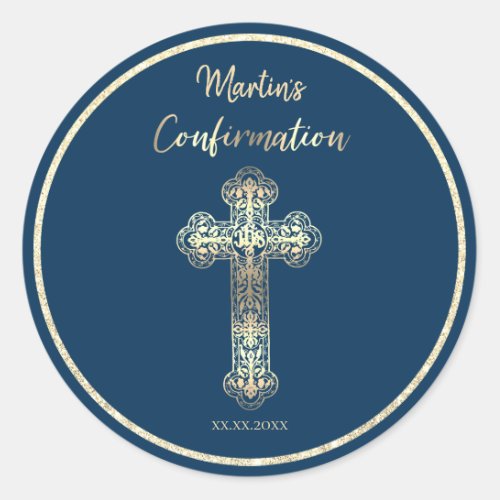 blue and faux metallic effect Confirmation Classic Round Sticker