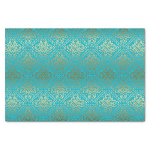 Blue And Faux Metallic Gold Floral Damasks Tissue Paper