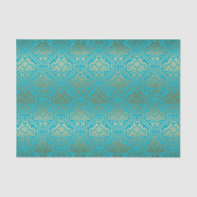 Blue And Faux Metallic Gold Floral Damasks Tissue Paper (Front)