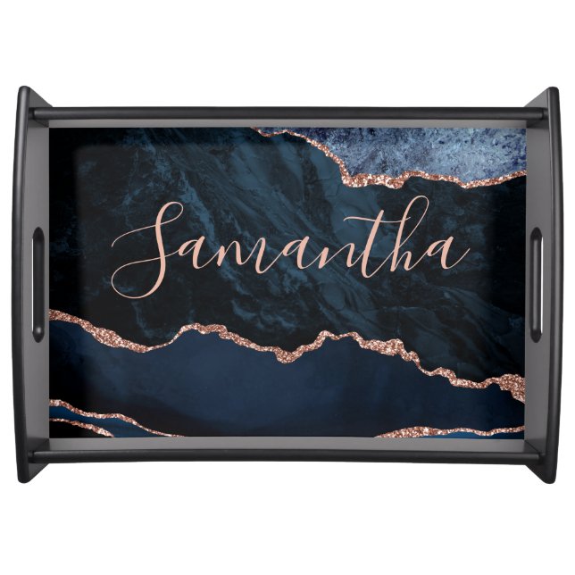 Blue and Faux Rose Gold Glitter Marble Agate Serving Tray (Front)