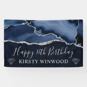 Blue and Faux Silver Glitter Agate Marble Sweet 16 Banner