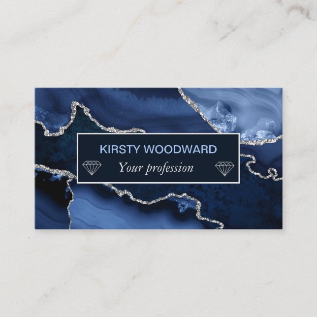 Blue and Faux Silver Glitter Marble Agate Business Card (Front)